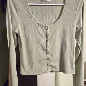 Hollister Ribbed Scoop-Neck Button-Front Long Sleeve Top - Sage